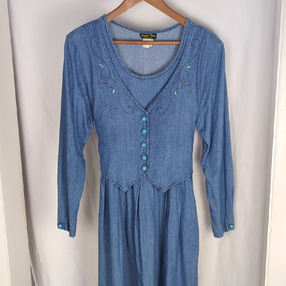 Vintage Dresses & Skirts - VINTAGE Stuart Alan Long Sleeve Blue Denim Vest Maxi Dress